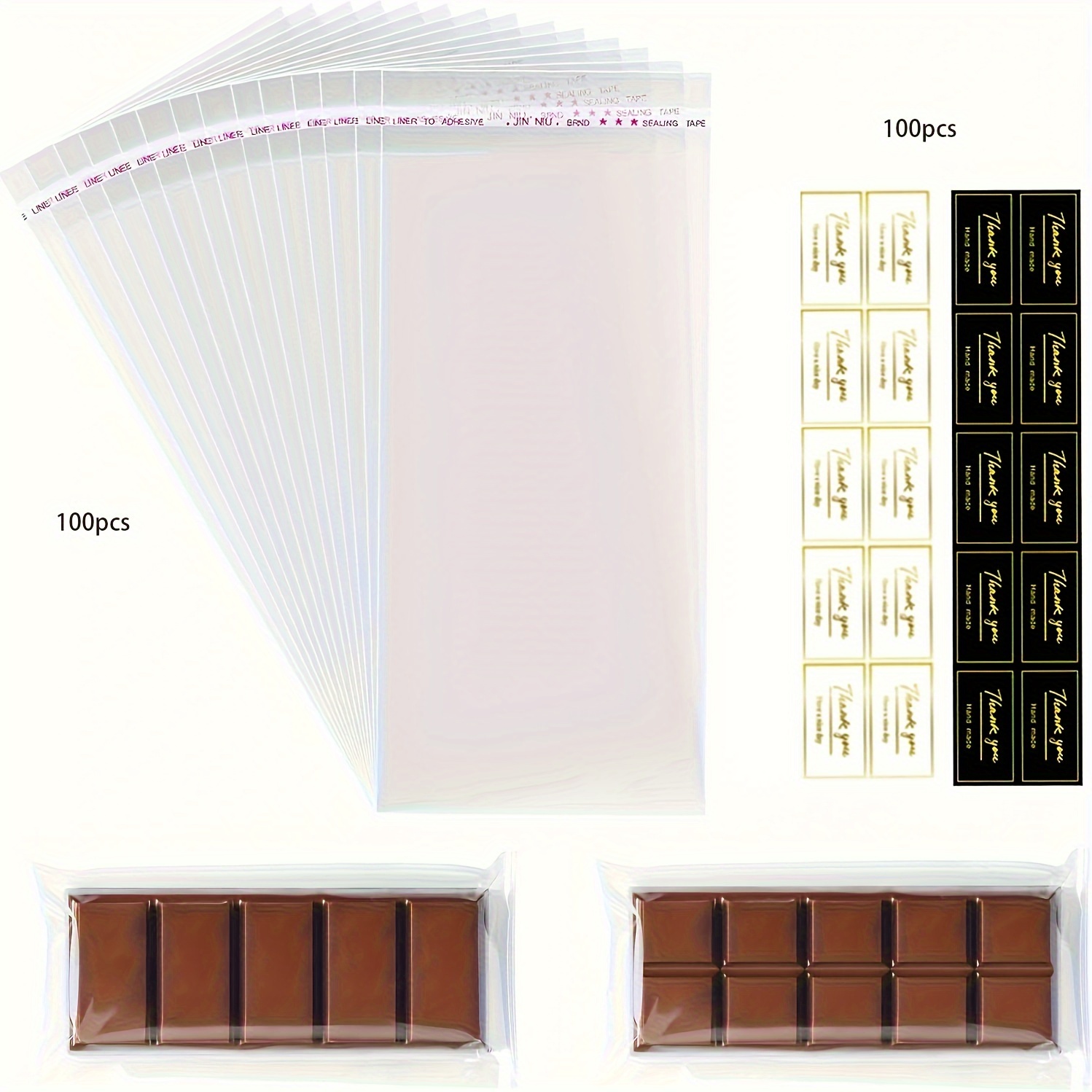 200pcs/set-100pcs Bar Chocolate Packaging 100pcs Thanks Stickers - 2.5 X 7.1 "chocolate Candy Packaging - Self-adhesive Plastic Bag Small