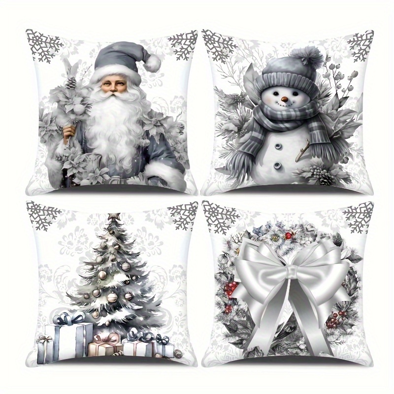 

4-pack Winter Holiday Throw Pillow Covers - Contemporary Style, Machine Washable, Zipper Closure, Woven Polyester, Christmas And New Year Decor, Santa, Snowman, Tree, Wreath Room And Bedroom Decor