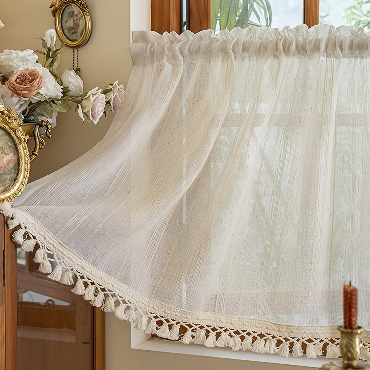 E-shop 1 Stück Pastoral Vintage-ähnlicher, halbtransparenter Sommer-Vorhang mit Stangentasche zum Aufhängen, geeignet für Cafés, Balkone, Küchen, ,