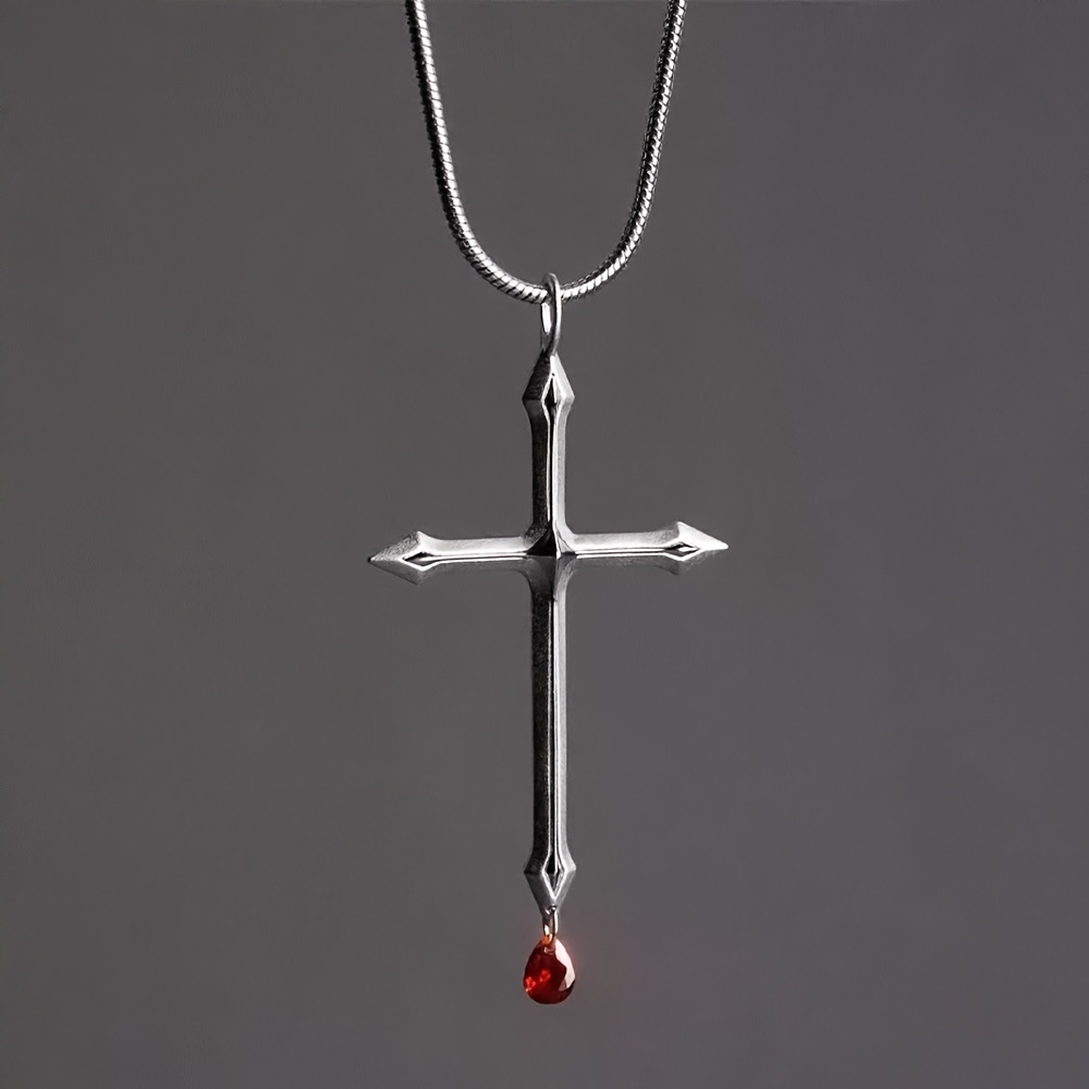 Cross Red Zirconia Necklace, Snake Bone Chain