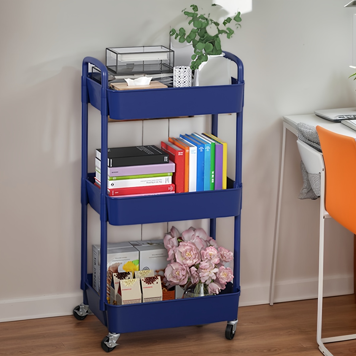 TEMU 1pc 3-tier Rolling Cart With , Handle And 2 Lockable Casters, Storage Cart For Christmas Home Decor, Kitchen Supplies, Easy To , Suitable For Kitchen, Bathroom And Office, Utility Racks
