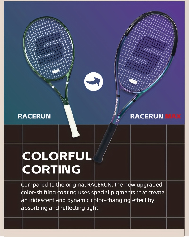 Chameleon Pro Tennis Racket - RaceRun Max | Carbon Fiber & Aluminum Alloy | Sparkling Finish | Pre-Strung 55lbs & Grip | Lightweight | Unstrung Weight 295±5g | Ready to Play All-in-One Kit (1 Racket+ Bag + Balls + Ombre Overgrip) | SALY