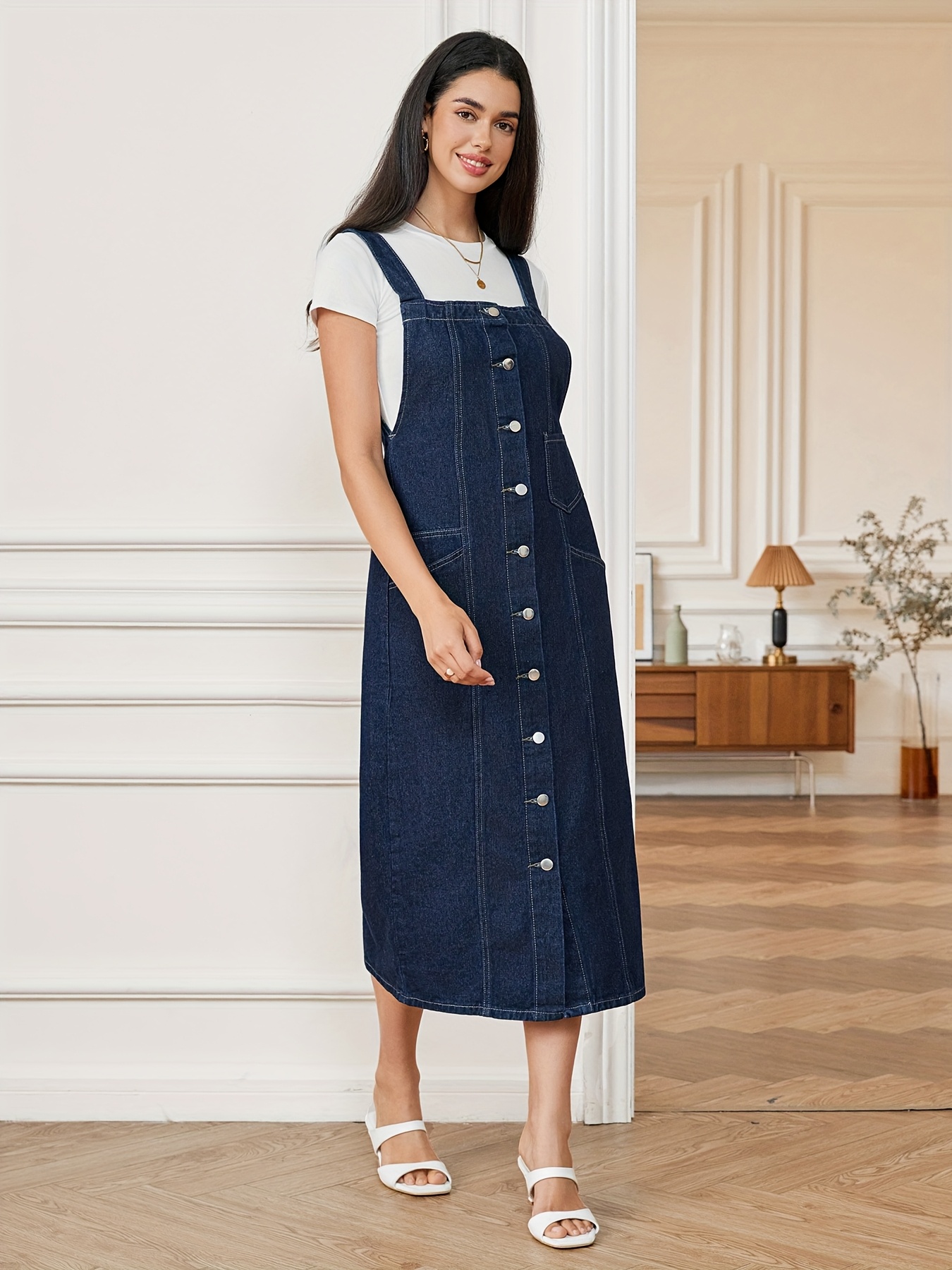 women's elegant washed denim jumpsuit button front side Temu Canada