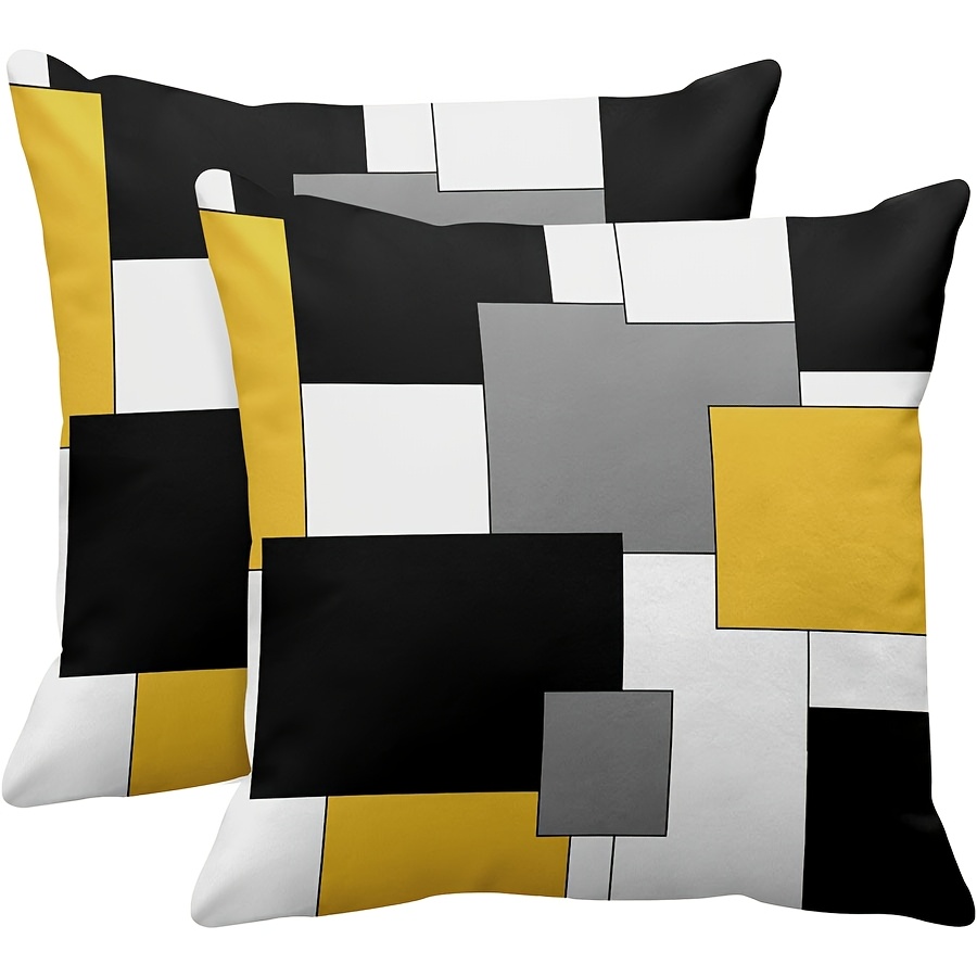 

2-pack Modern Abstract Geometric Throw Pillow Covers, 18x18 Inch, Yellow Black Grey White Checkered Design, Decorative Zippered Cushion Cases, Machine Washable, Woven Polyester For Home Decor