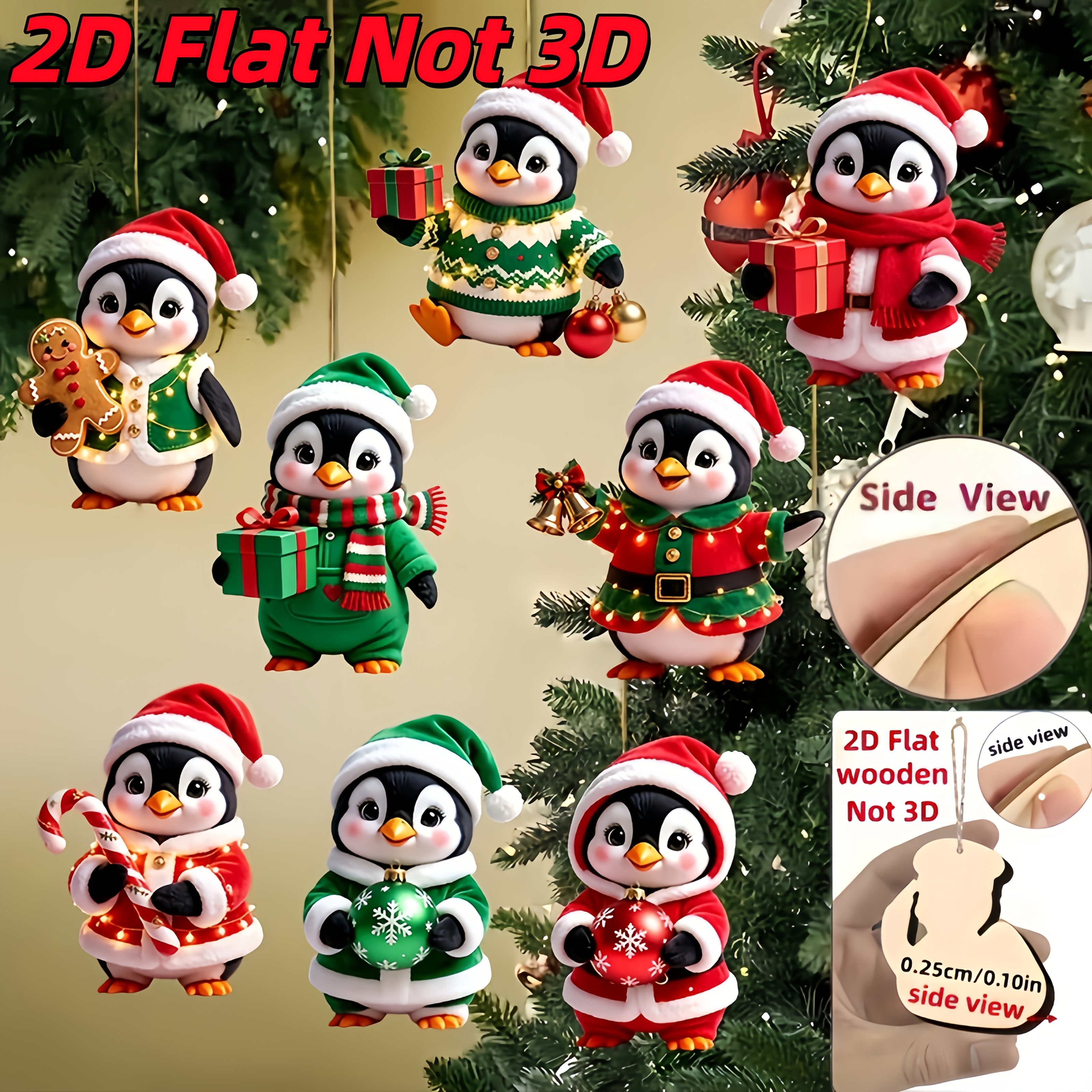 TEMU Plat 2D, Plat 2D - Lot de 8 adorables dans diverses tenues de Noël, ornements suspendus en bois - Plat 2D, pas 3D | , en bois | Convient pour de
