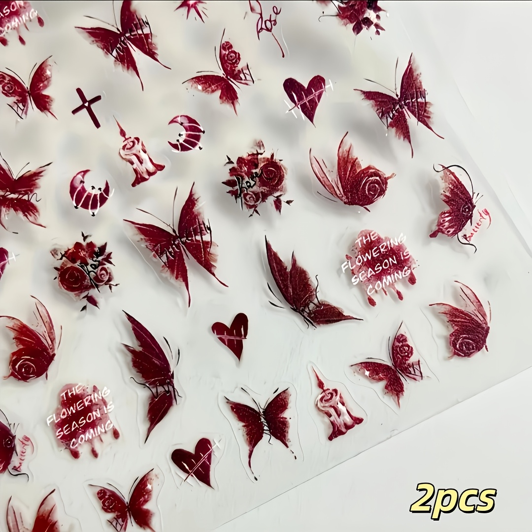 2pcs • 3d Gothic Nail Sticker • Black-red , Floral & • Embossed Adhesive Decal