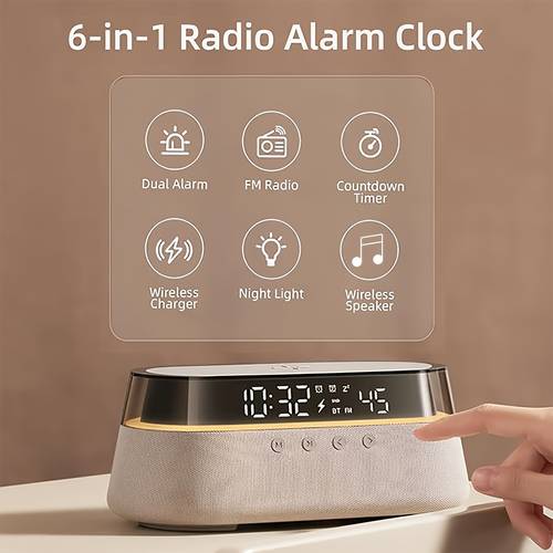 6 in 1 smart alarm clock with 15w fast wireless charging bluetooth speaker fm radio dual alarm for heavy sleepers usb charger rgb night light timer bedside clock for home office