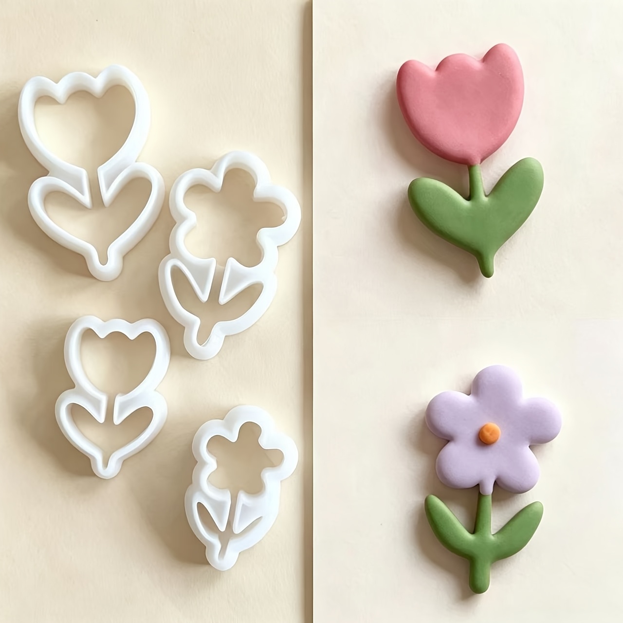 TEMU Ausschnittform für Ohrringe aus Polymer Clay, 4-teiliges Set mit Tulpen- & fünfblättrigen Blumen, mit integriertem Stiel Blättern,