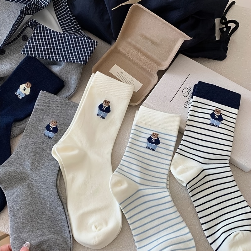 TEMU 5pairs Autumn Winter Cartoon Bear Vintage Striped Mid-calf Socks Women's Academy Korean Cute Ins Japanese All-match Over-the-knee Socks