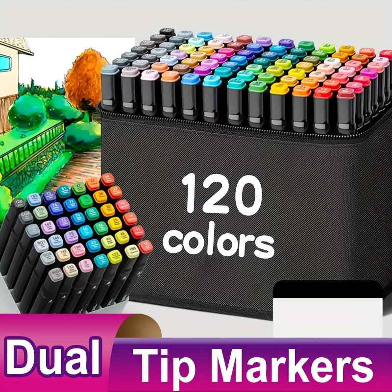 

120 Vibrant Colors Dual Tip Permanent Markers Set - Ergonomic, Non-toxic, Drawing Tools For Artists, Designers, And Hobbyists - Click-off Cap, , Plastic Construction, Fine Instruments