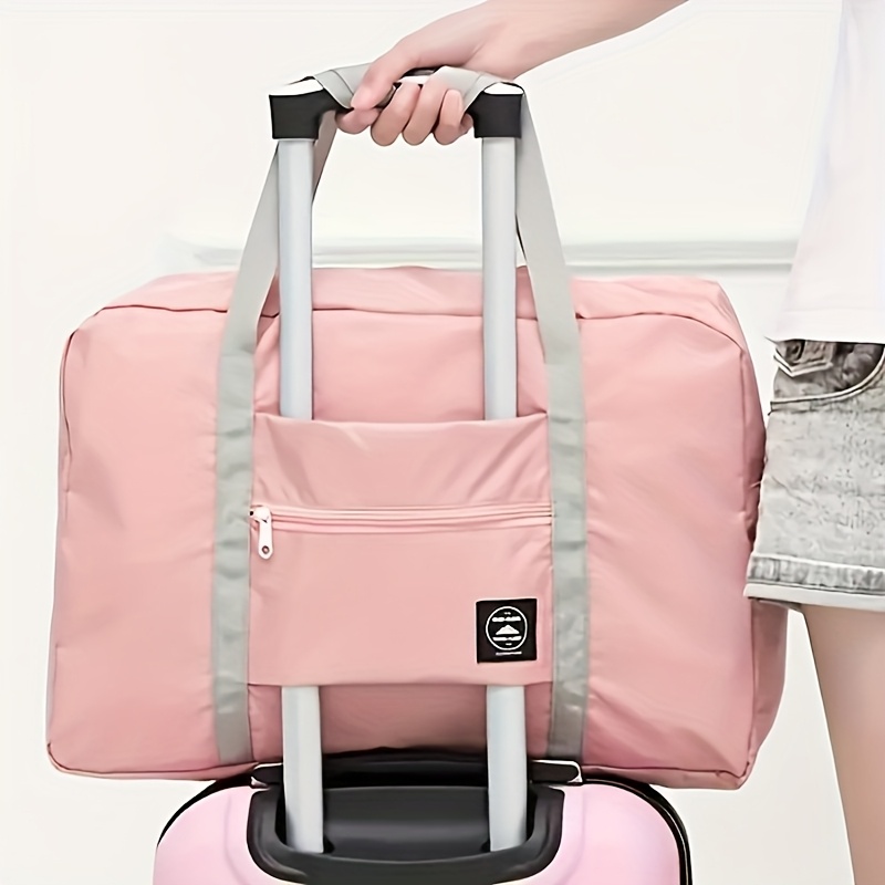 

1pc Stylish Pink Foldable Travel Duffel Bag With Grey Accents - Large Capacity, Water-resistant Canvas Handbag With Zip Closure And Detachable Shoulder Strap - Ideal For & Fitness Trips