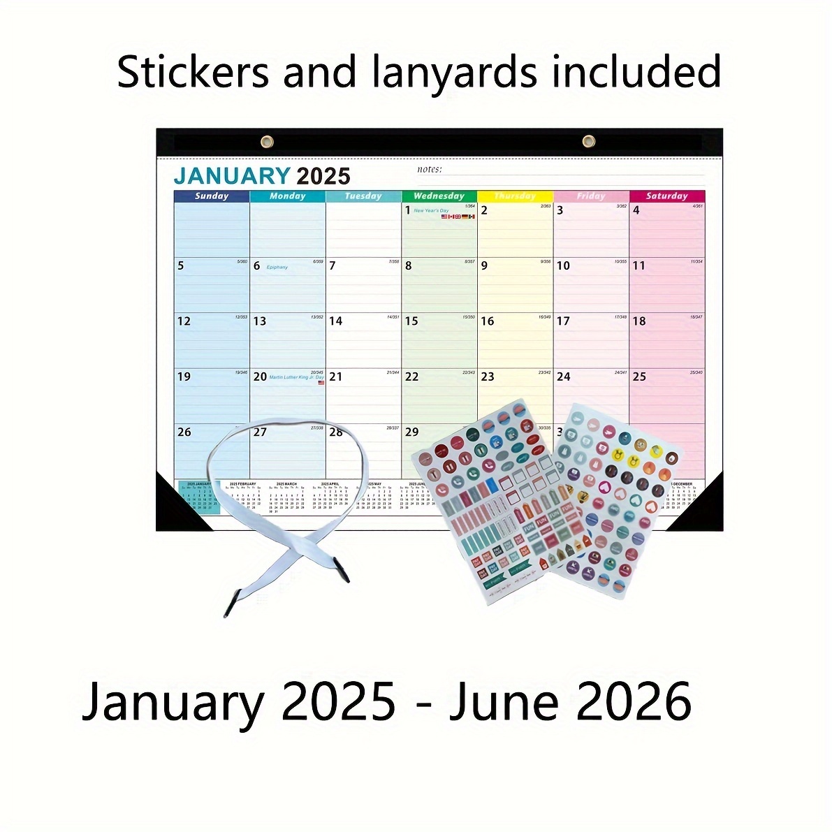 

18-month Desk Calendar Set With Stickers And Lanyards, Academic Planner For Home, School & Office, Highlighted Holidays, Ruled Blocks, Julian Dates, 2 Holes For Wall Hanging - 2025 To 2026