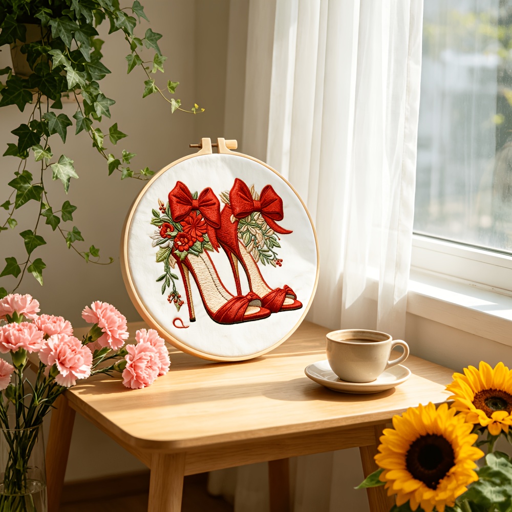 Complete DIY Embroidery Kit, Vintage Red High Heel & Floral Bow Design