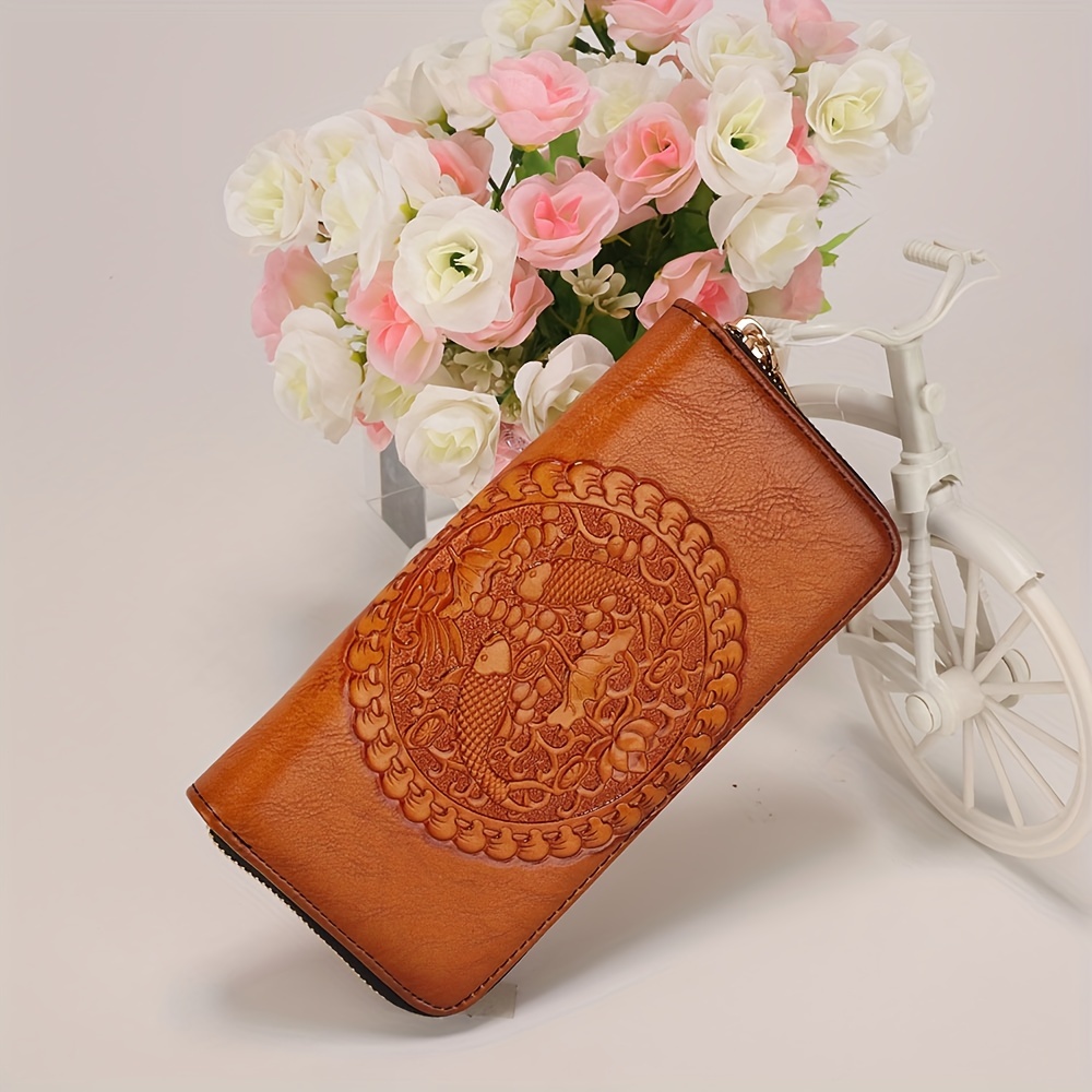 

Classic Vintage Embossed Pattern Long Wallet, Large Capacity Zipper Around Coin Purse, Women's Brown Credit Card Holder