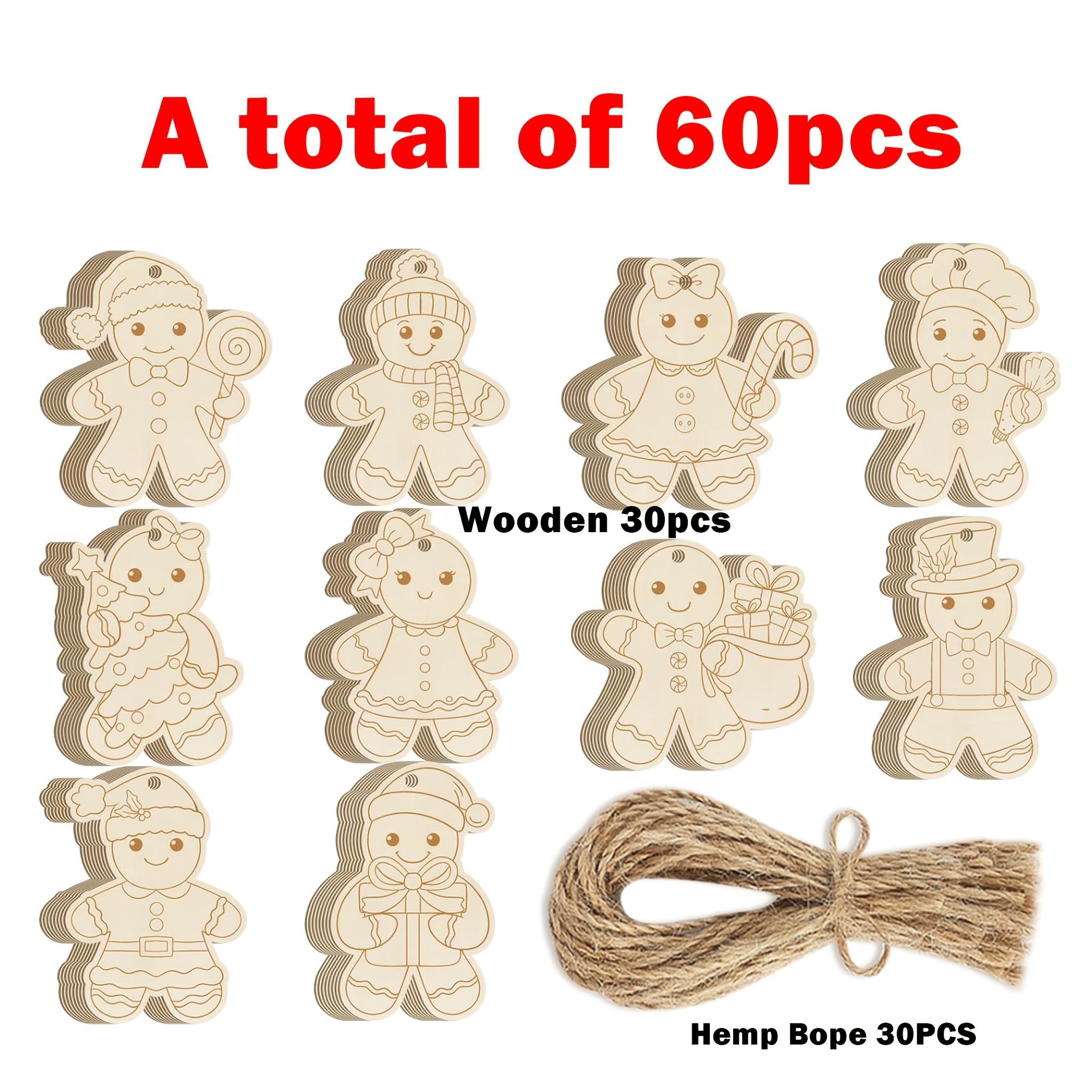 TEMU 60pcs Of Wooden Christmas Hanging Decorations, 10 Styles Of Blank Unfinished Wooden Gingerbread Man Ornaments, Suitable For Handmade Winter