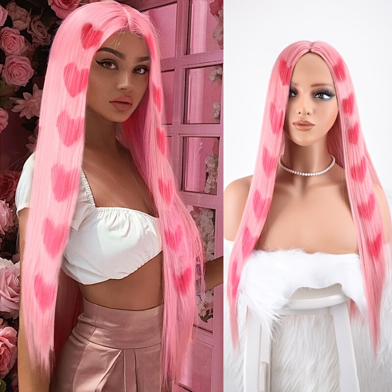 Image of Long Straight Pink Wig With Heart-shaped Pattern, Center Part, Heat-resistant Women's Wig, Cute Pink Wig With Heart-shaped Print, Perfect For Valentine's Day Parties, Cosplay, And Everyday Wear