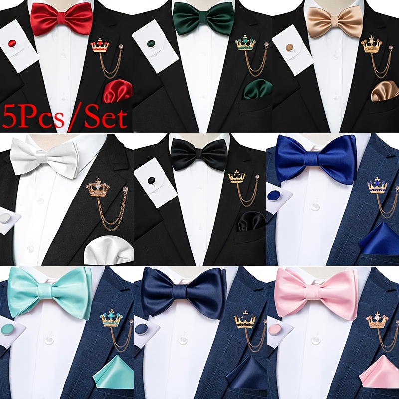 

Elegant Men's 5pcs Set: Silk Bow Tie, Flower Lapel Pin, Handkerchief & Cufflinks - Ideal For Weddings & Formal Events