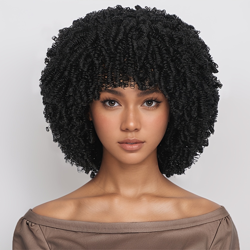 E-shop 10-Zoll kurze lockige Afro-Perücke mit Pony für Damen – federnder Bob-Stil, hochdichte KY2-Perücke aus hitzebeständiger Synthetikfaser,
