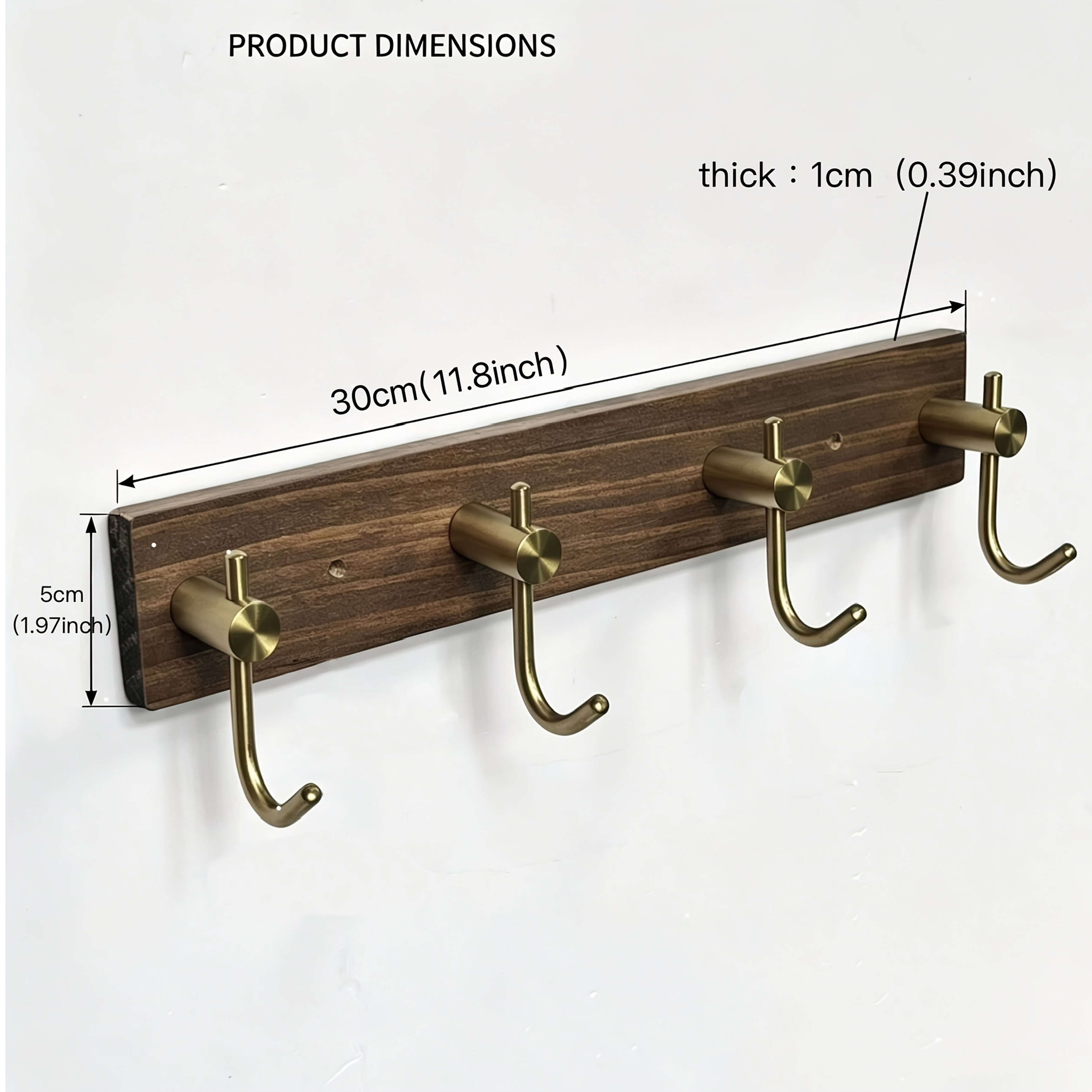 TEMU Vintage Elegant Wooden Wall Hooks, Brass Golden Metal Heavy Duty Wall Mount Coat Rack, Minimalist Solid Wood Hanging Hook Organizer For