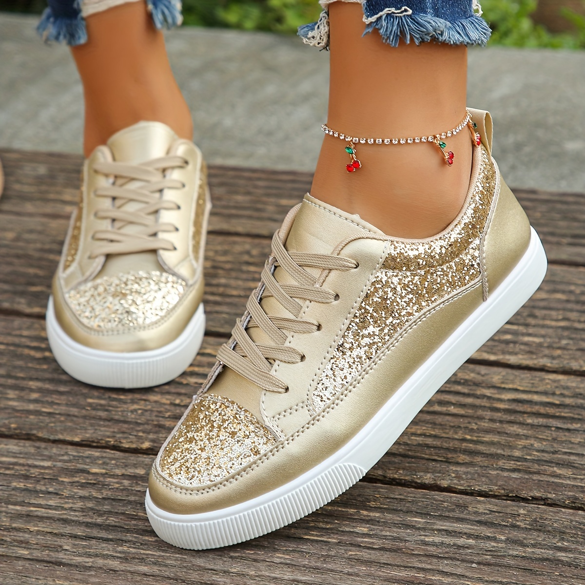 Women Color Glitter Sneakers Lace Up Platform Soft Skate Shoes Low top Sequins Trainers