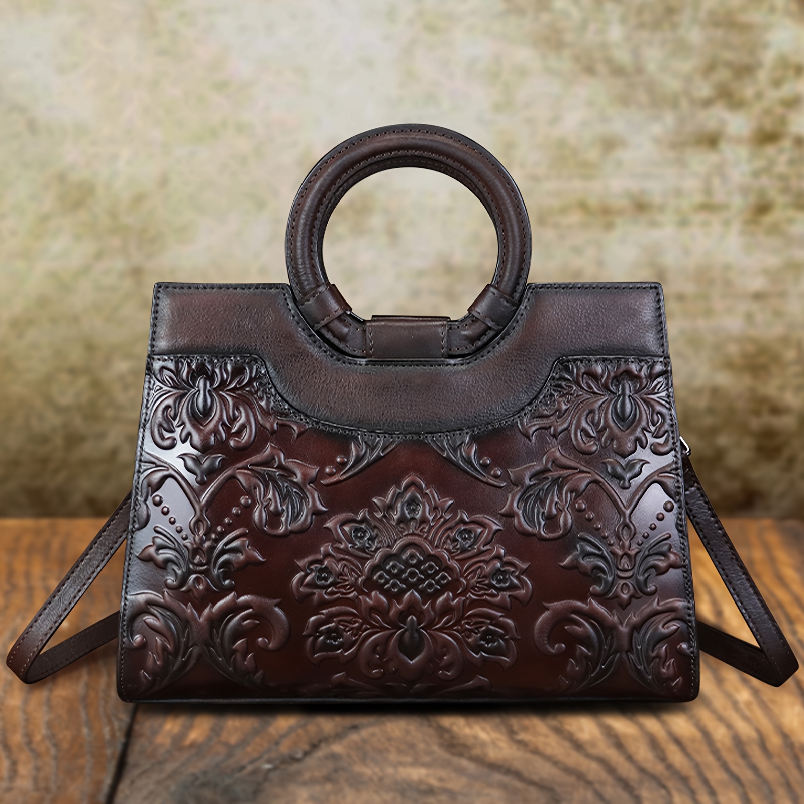 QWQ Women' Genuine Leather Handbag & Purse - Top-Grain Cowhide Vintage Satchel Bag with Detachable Crossbody/Shoulder Strap, Embossed Full-Price Genuine Leather Bag (No Cheapen Additions) for, Travel, Everyday Use -