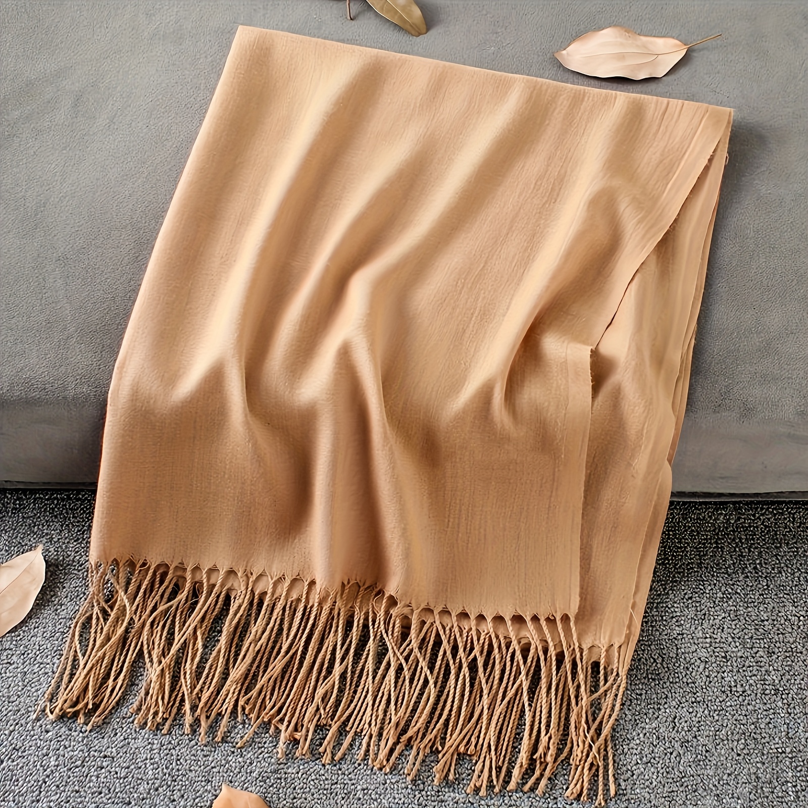 TEMU Unisex Solid Color Tassel Scarf, Minimalist Thin Warm Shawl, Autumn Winter Soft Cozy Inelastic Scarf