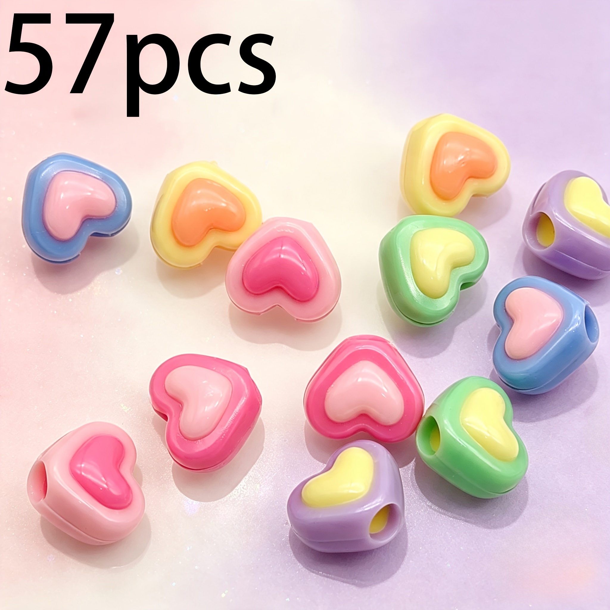 TEMU Lot de 57 perles acryliques de cœur sur le thème macaron, à double couche de couleurs contrastées et à trou traversant, adaptées pour la