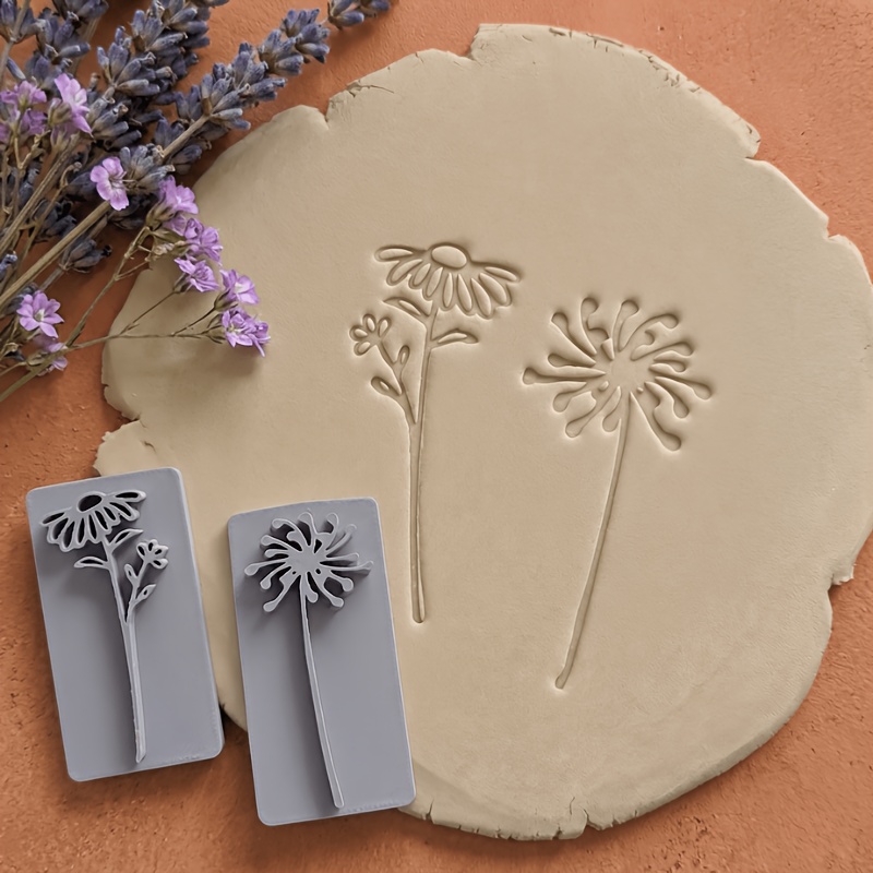 TEMU 2pcs Large-size Set Of Brand New Minimalist Line Art Daisy And Heart Clay Stamp Molds, Suitable For Diy Ceramics, Clay, Polymer Clay, And Other