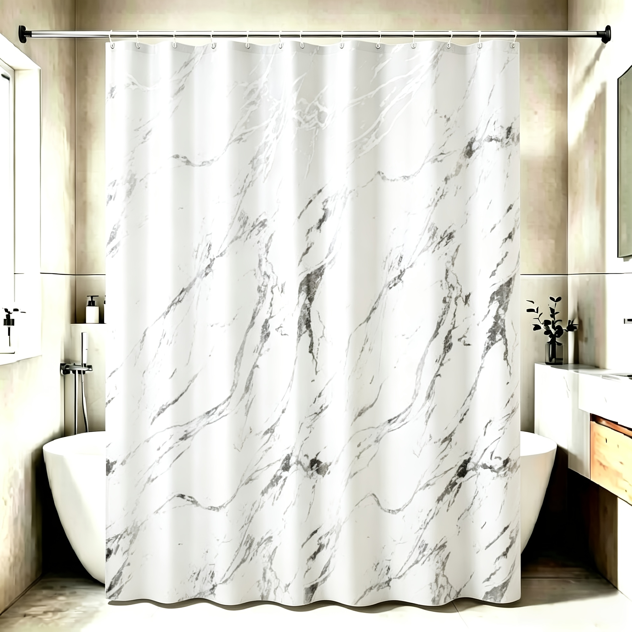 1pc And Silver-plated Craft Shower Curtain, 110g Thickened Polyester Fabric, Home Decoration Curtain, Bathroom Curtain, Metal Rings, With Matching Hooks Included As A Gift