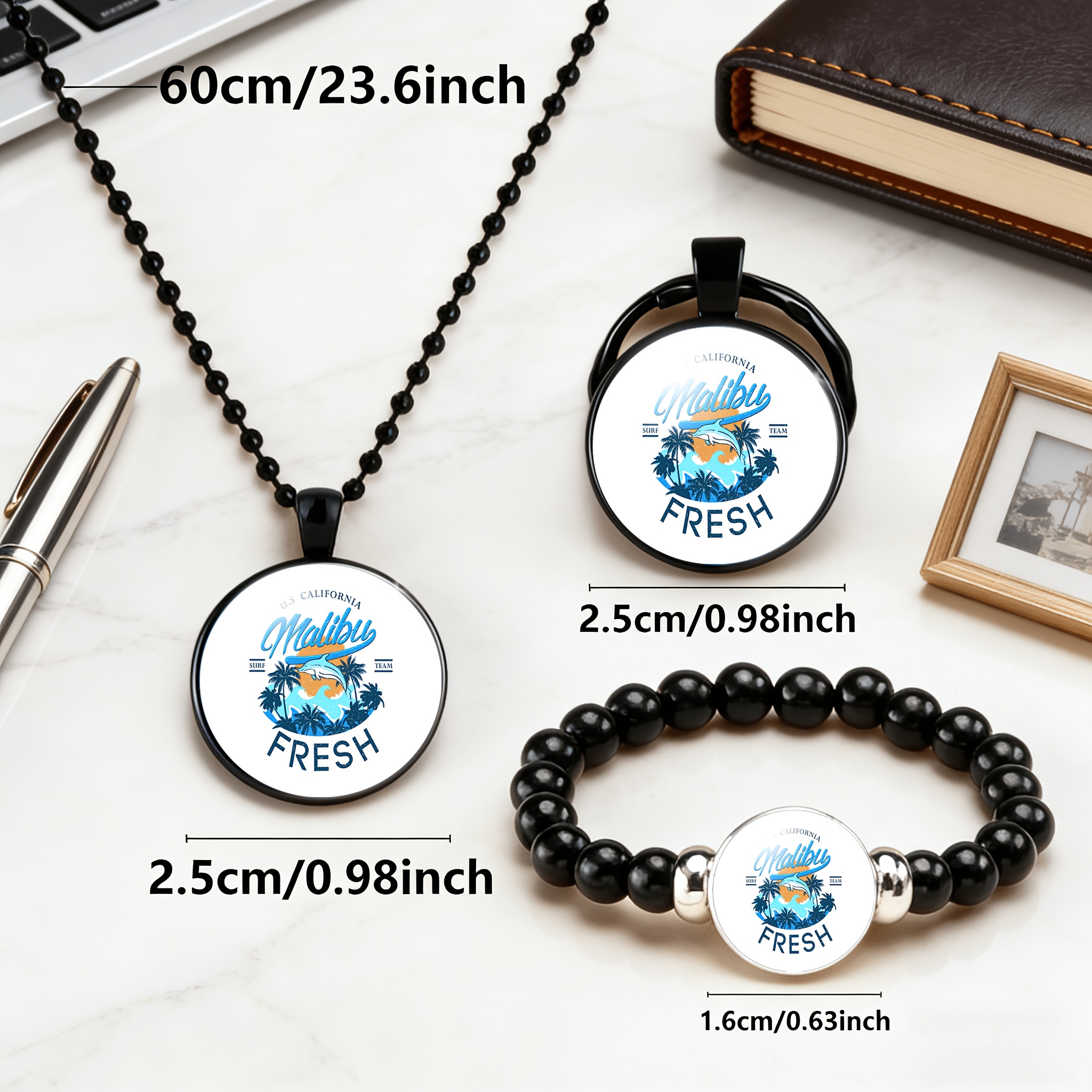 3pcs Round Glass Inlaid Pattern Jewelry Set, Necklace, Bracelet, Keychain