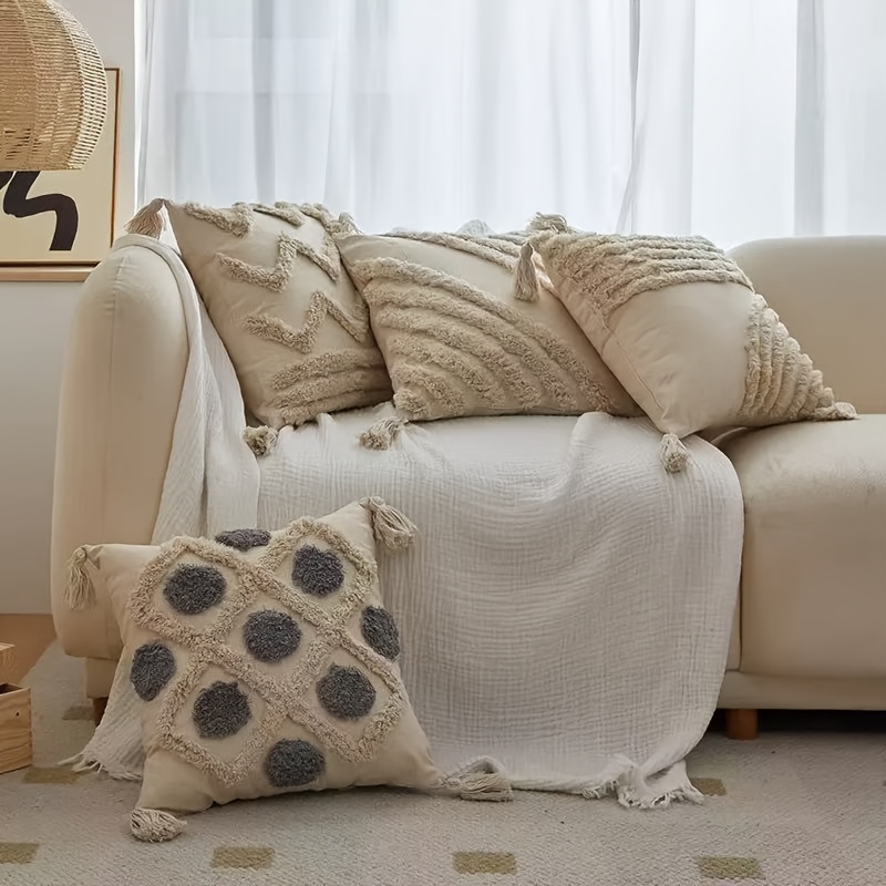 4pcs Set Thickened Tufted Tassel Pillowcases Suitable for Living Room & Bedroom, Double-Sided Retro Cushion Covers with Zipper Closure, Skin-Friendly Tassel Trim, Hand Wash Only Sofa Bed Decor in Neutral Tones for Cozy Winter Warmth