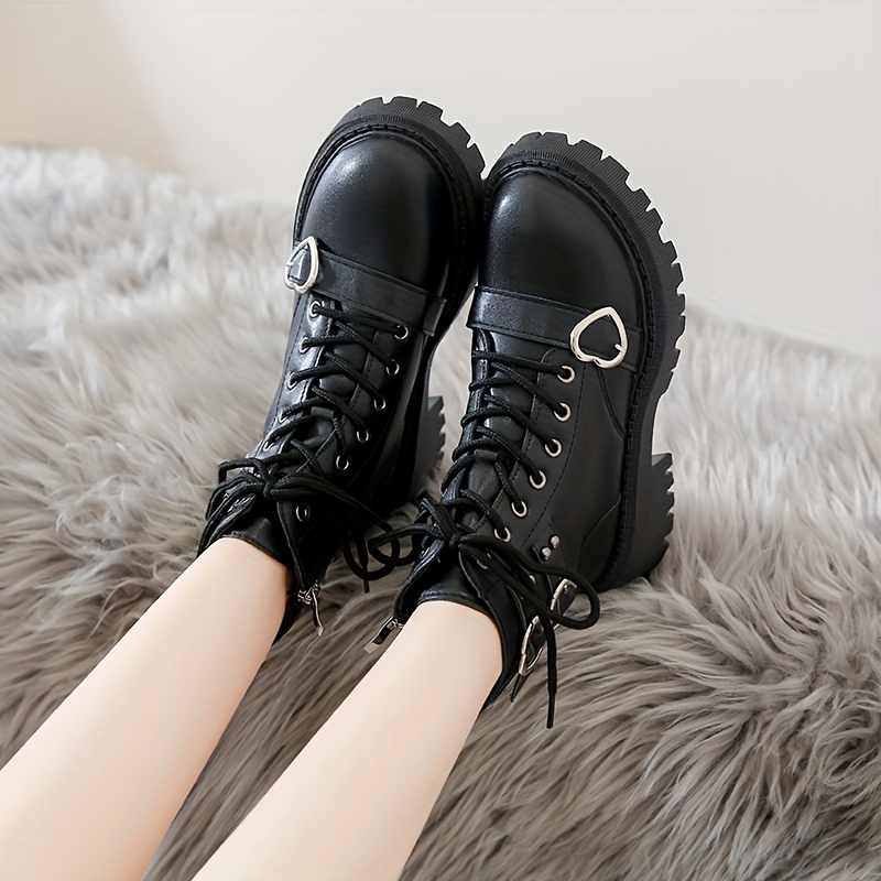 

Ladies' Chunky Laced Ankle Boots With Side Zipper And Buckle Detail - Black, Rubber Soles, And Canvas Lining