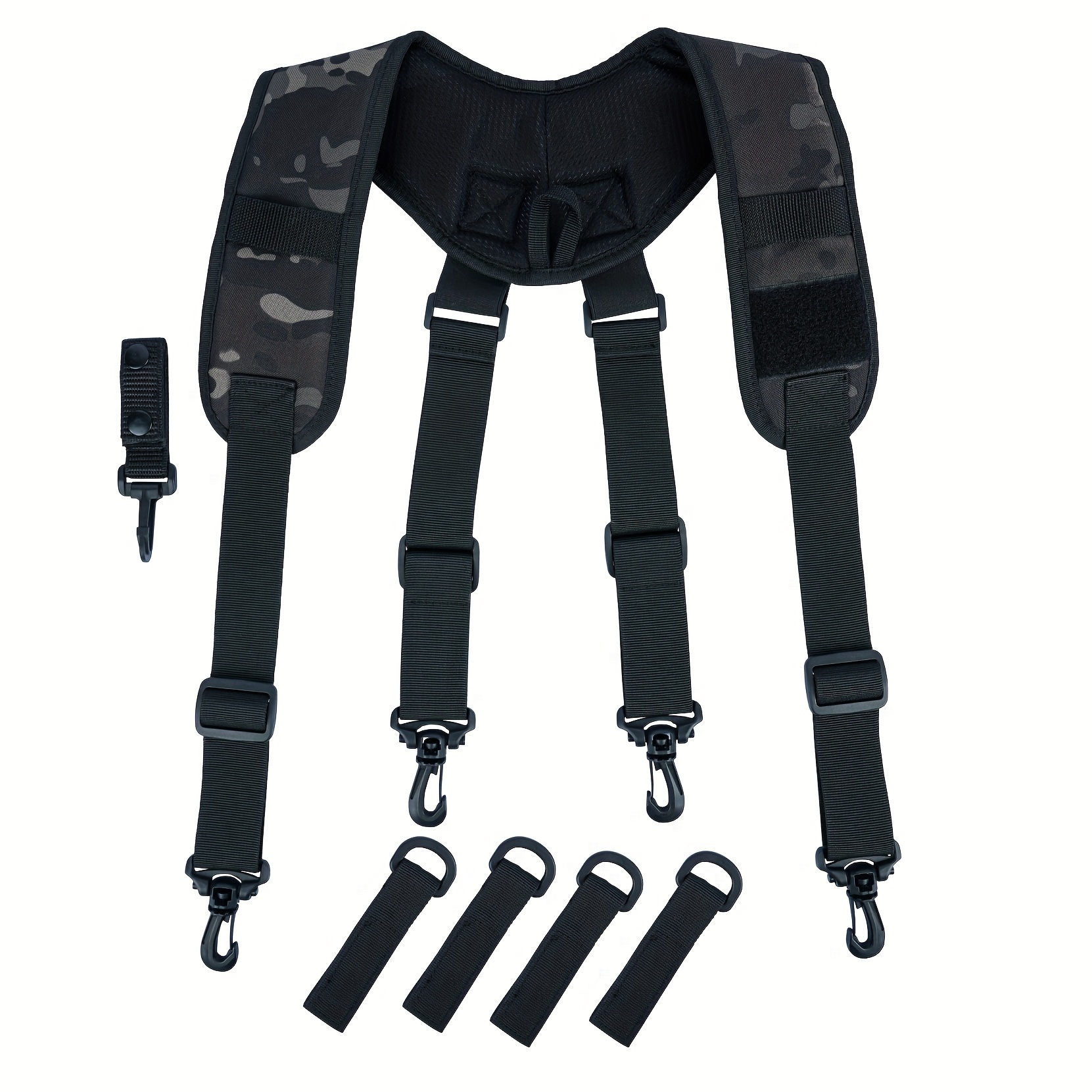 Melotough Adjustable Suspenders With Padded Support - X-shaped, Camouflage Pattern Duty Belt Harness With American Flag Patch, Comfortable Back Straps & Multiple Gear Pockets