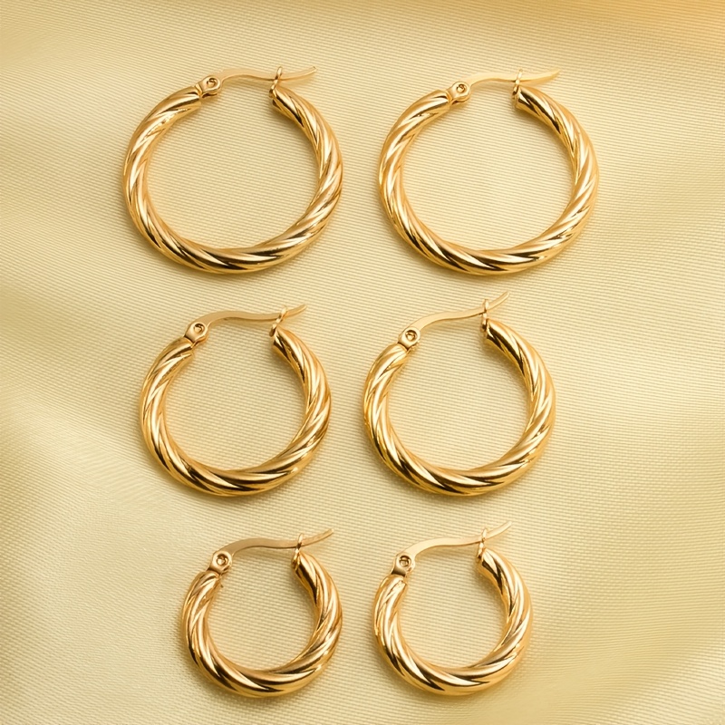 TEMU 3 Pairs Twisted Hoop Earrings Set, Stainless Steel / Hypoallergenic Chunky Hoops, Ear Jewelry For Women