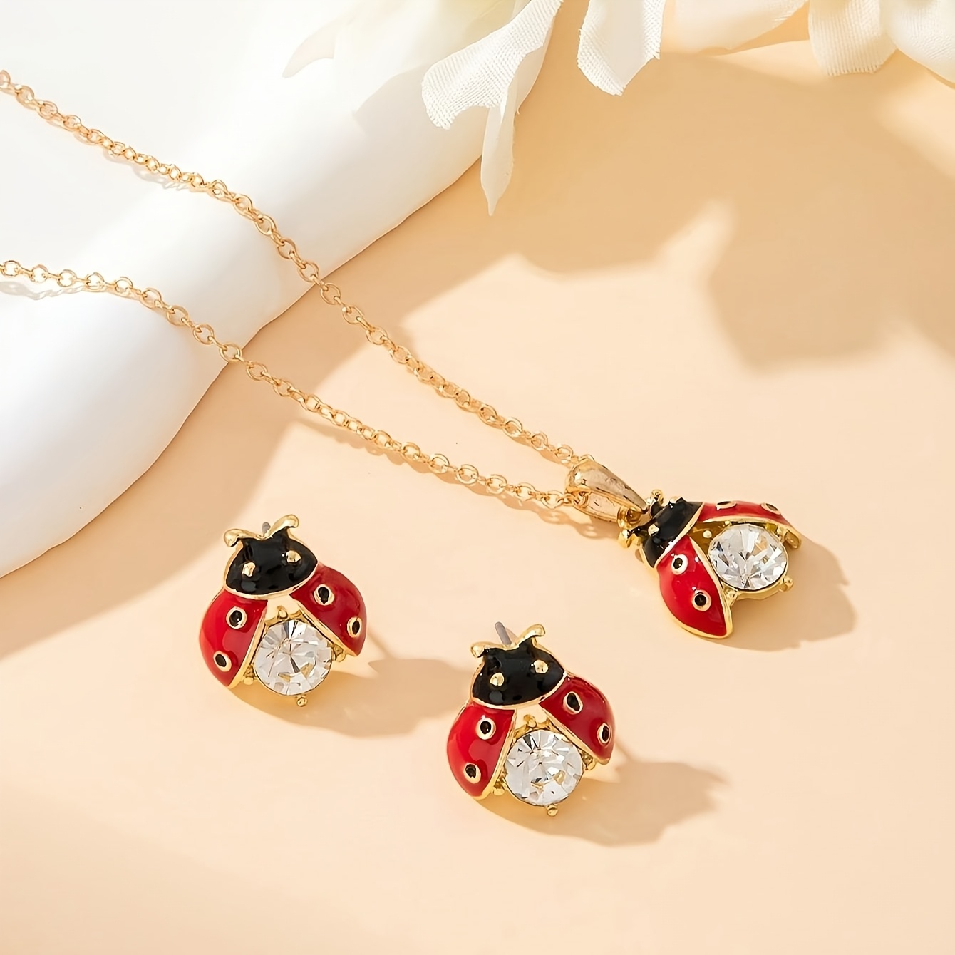 Image of 3pcs Sweet Cute Inlaid Rhinestones Enamel Ladybug Necklace And Earring Set Ladies Holiday Birthday Date Party Vacation Shopping Daily Commuting Additions