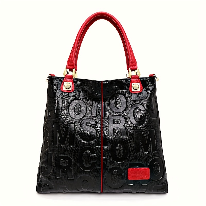 fashion letter embossed handbag genuine leather tote bag Temu