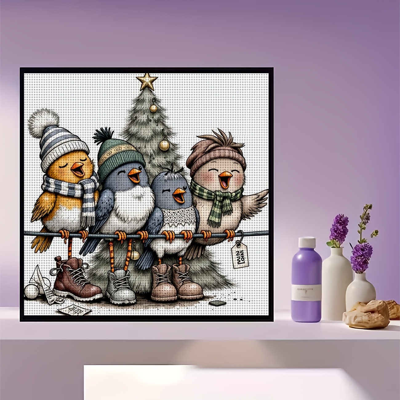 DIY Cross-Stitch Printed Kit, Unframed 'Birds Singing by the Christmas Tree' Design