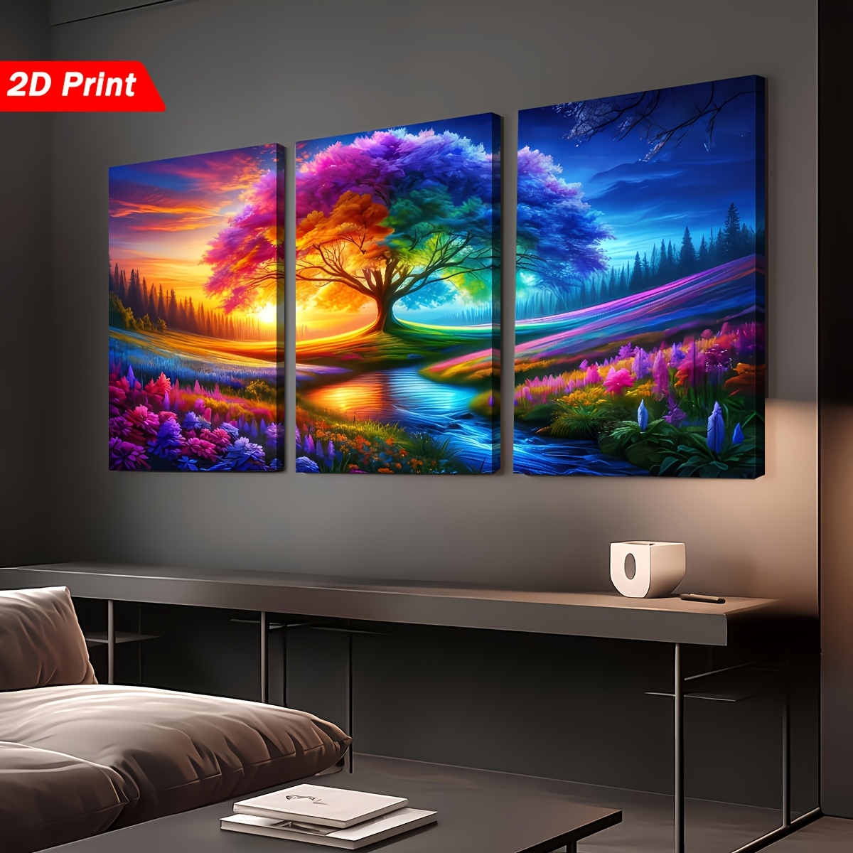 TEMU 2d Flat 3d Effect Giant Tree Of Life Abstract Canvas Art - Framed & Ready To Hang, Vibrant Landscape With Colorful Tree & Stream, Ideal For