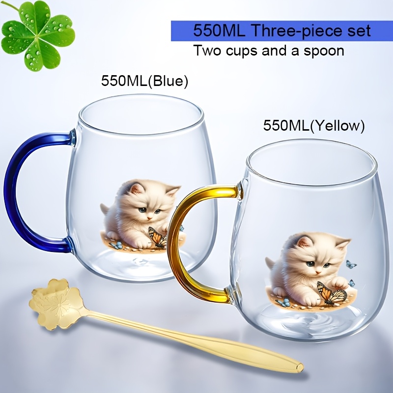TEMU 3pcs Set, Exquisite Four-color Handle Belly Cup, 2 Cups Plus 1 , High Borosilicate Glass, Large Capacity, Exquisite Printing, Juice, Milk,