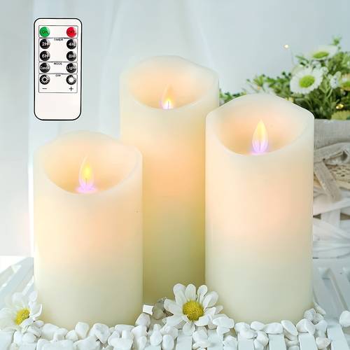 3pcs set of ivory ribbons remote control flickering electronic candles mobile wicks with timer and adjustable brightness for halloween decorations