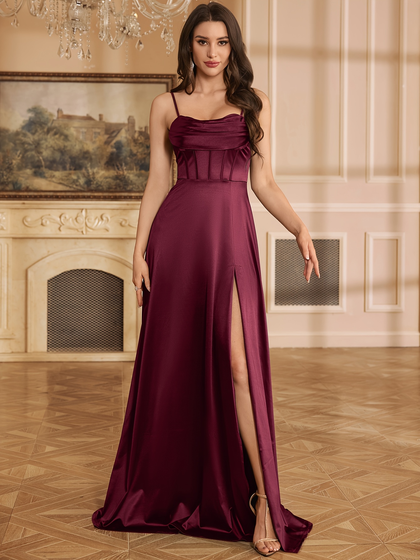 green emerald velvet dress Formal Dresses Burgundy Color Elegant V-Neck A Line Slit Stretch Satin Long Formal Dress