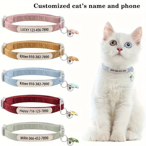customized personalized cat collar custom kitten breakaway collars with ironed on printed and phone number adjustable and stylish polyester and synthetic faux leather material