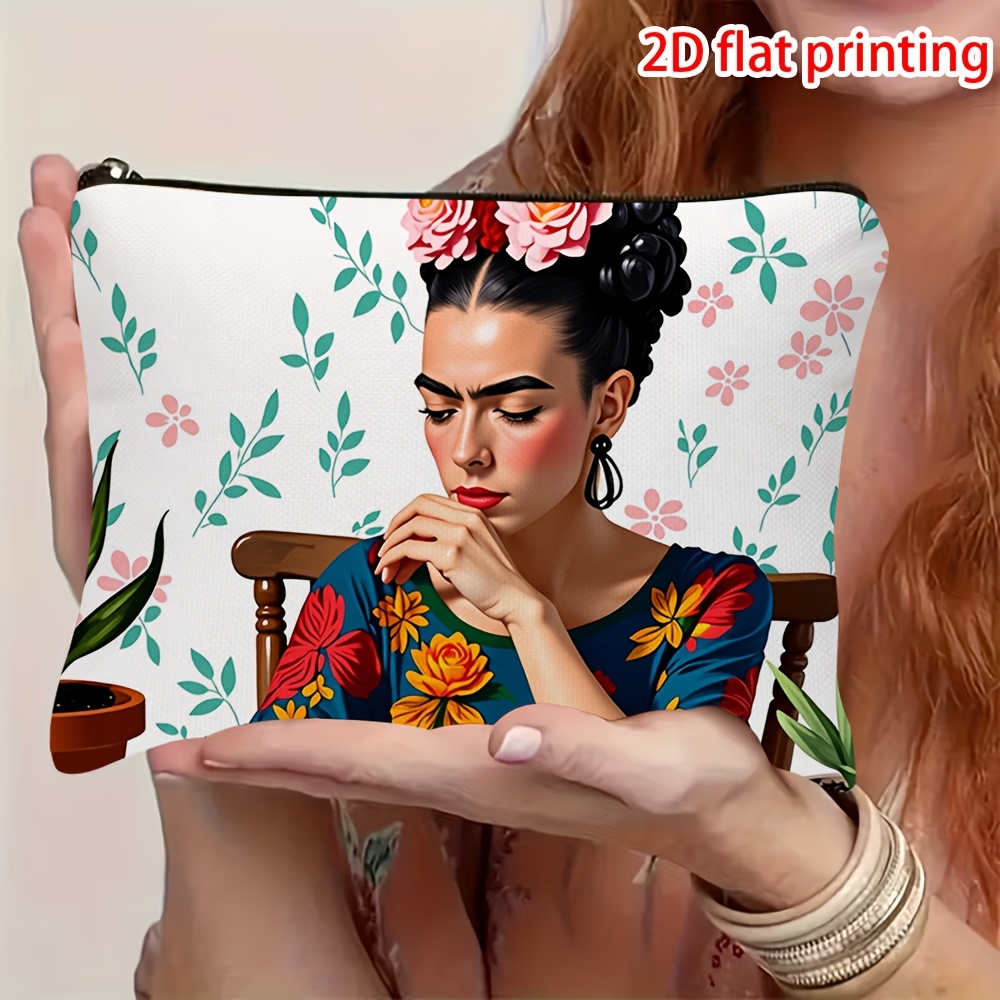 TEMU Borsa per trucco, stampa piatta 2D, sfondo con motivo a ritratto con e un abito blu, chiusura a cerniera, pochette portacosmetici portatile.
