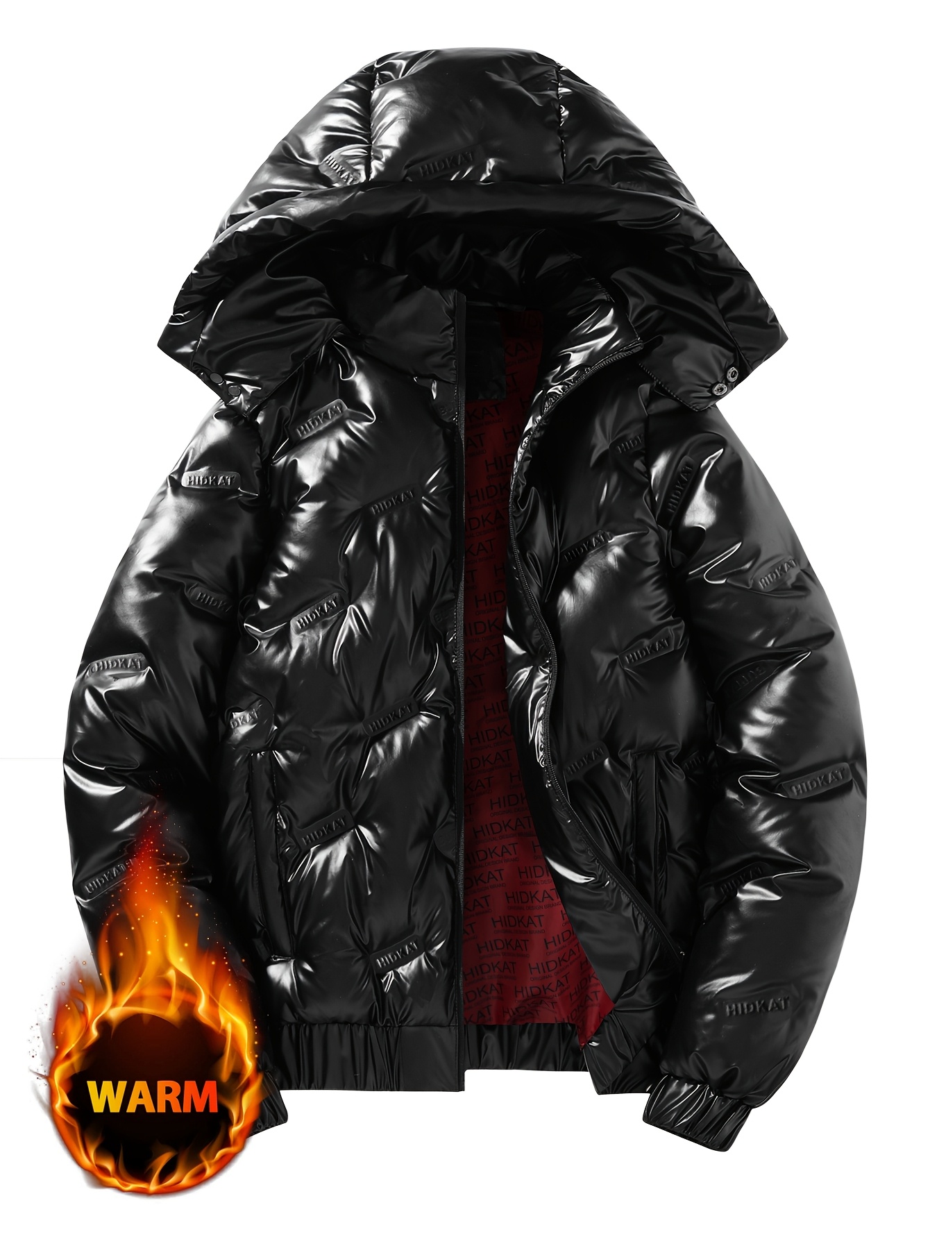 mens outdoor winter loose fit hooded padded coat warm and cold resistant with english textured design black zipper jacket top suitable for   and other occasions