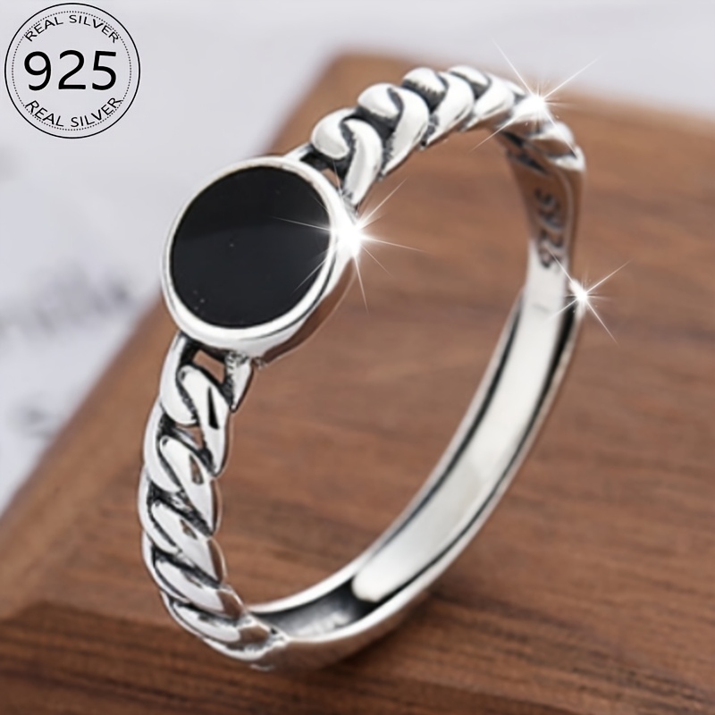 

925 Argent Sterling Rond Cool Hip Hop Bague Goutte de Colle Noire Unique Twist Rétro Mode Tempérament Élégant Simple Léger Luxe Cadeau Anniversaire Pour Petite 2.2G