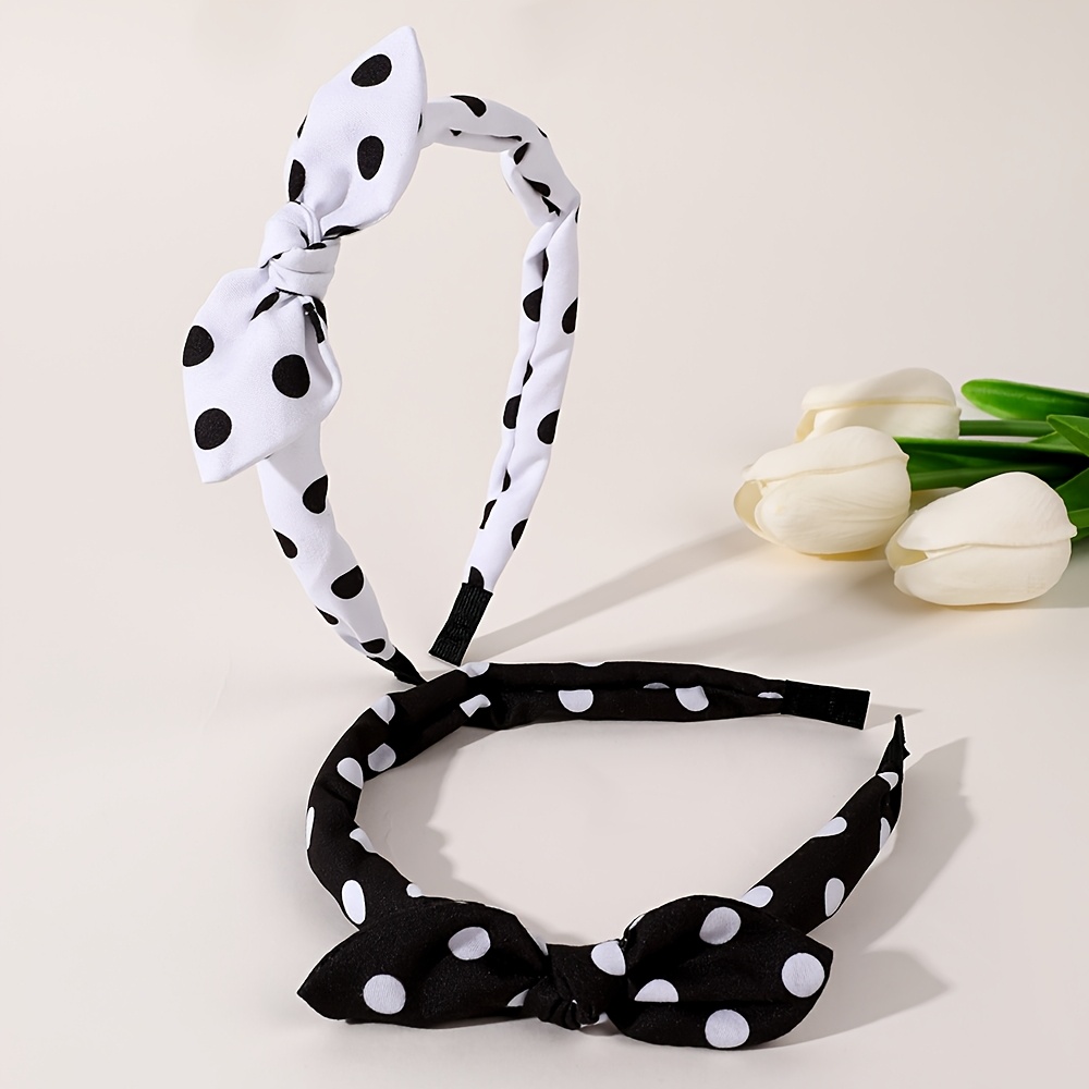 Image of 2pcs 2 Color Polka Dot Knotted Bunny Ear Hair Hoops Black White Contrast Fabric Bow Headband Fashion Soft Hair Accessory Suitable For Daily Wear Outdoor Shooting And Casual Styling
