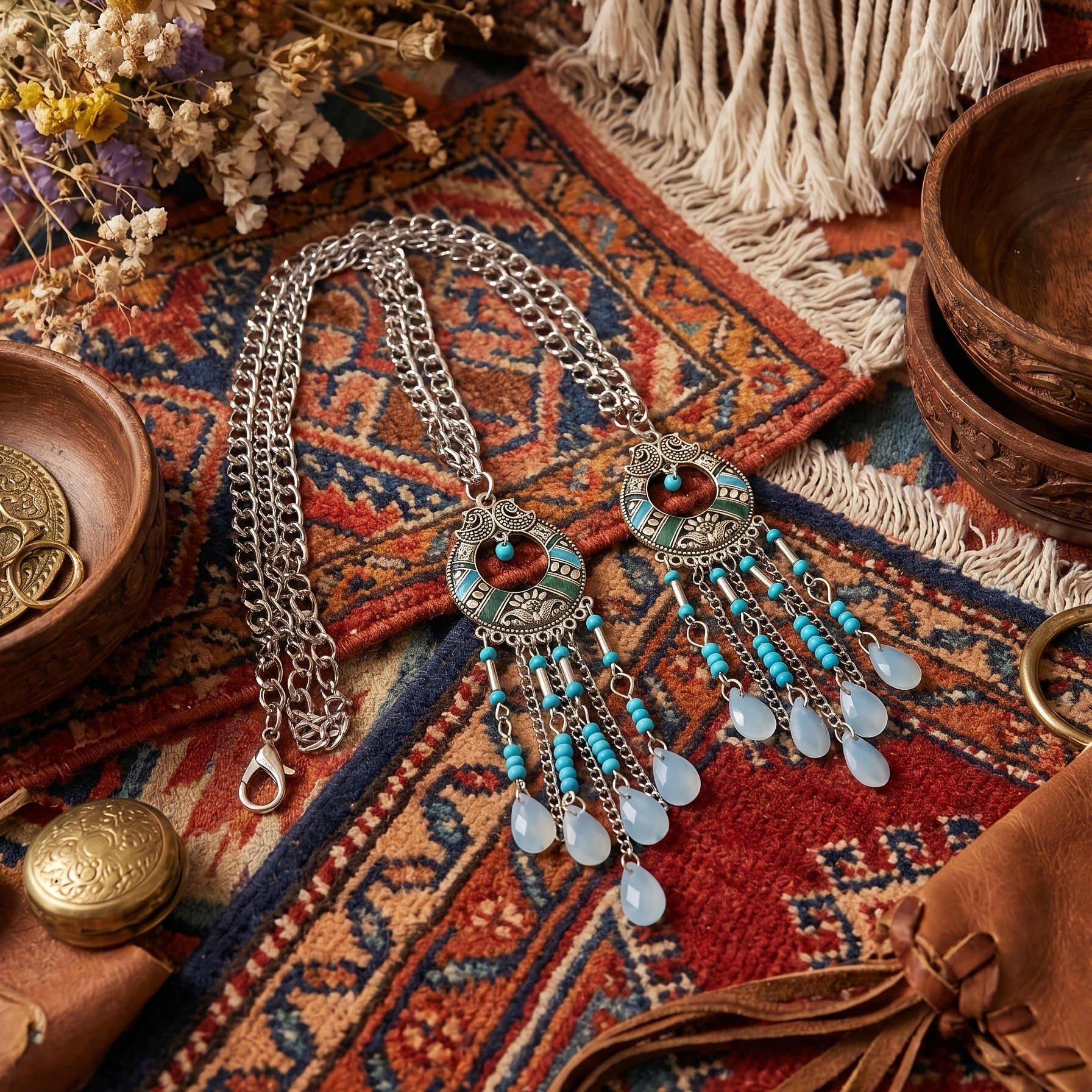 TEMU 2pcs Boho Turquoise Tassel Boot Decoration, Western Layered Chain Accessory With Ethnic Pendant, Cowgirl Boot Ornament For Country Music
