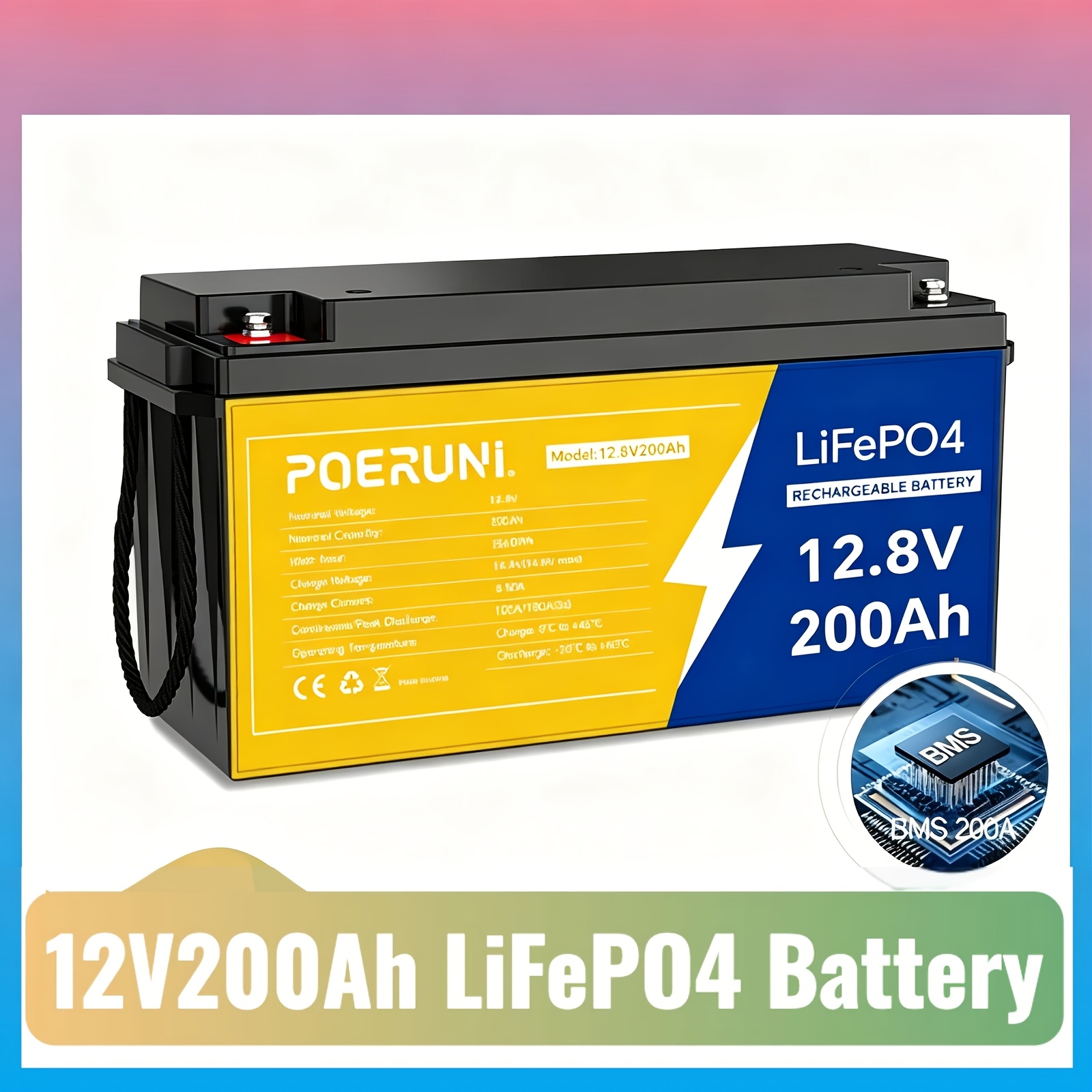 TEMU 12v 200ah Lifepo4 Lithium Battery With Built-in Bms - 2560wh, Up To 15000 Cycles, Deep Cycle, Supports Series/parallel Connection For Backup