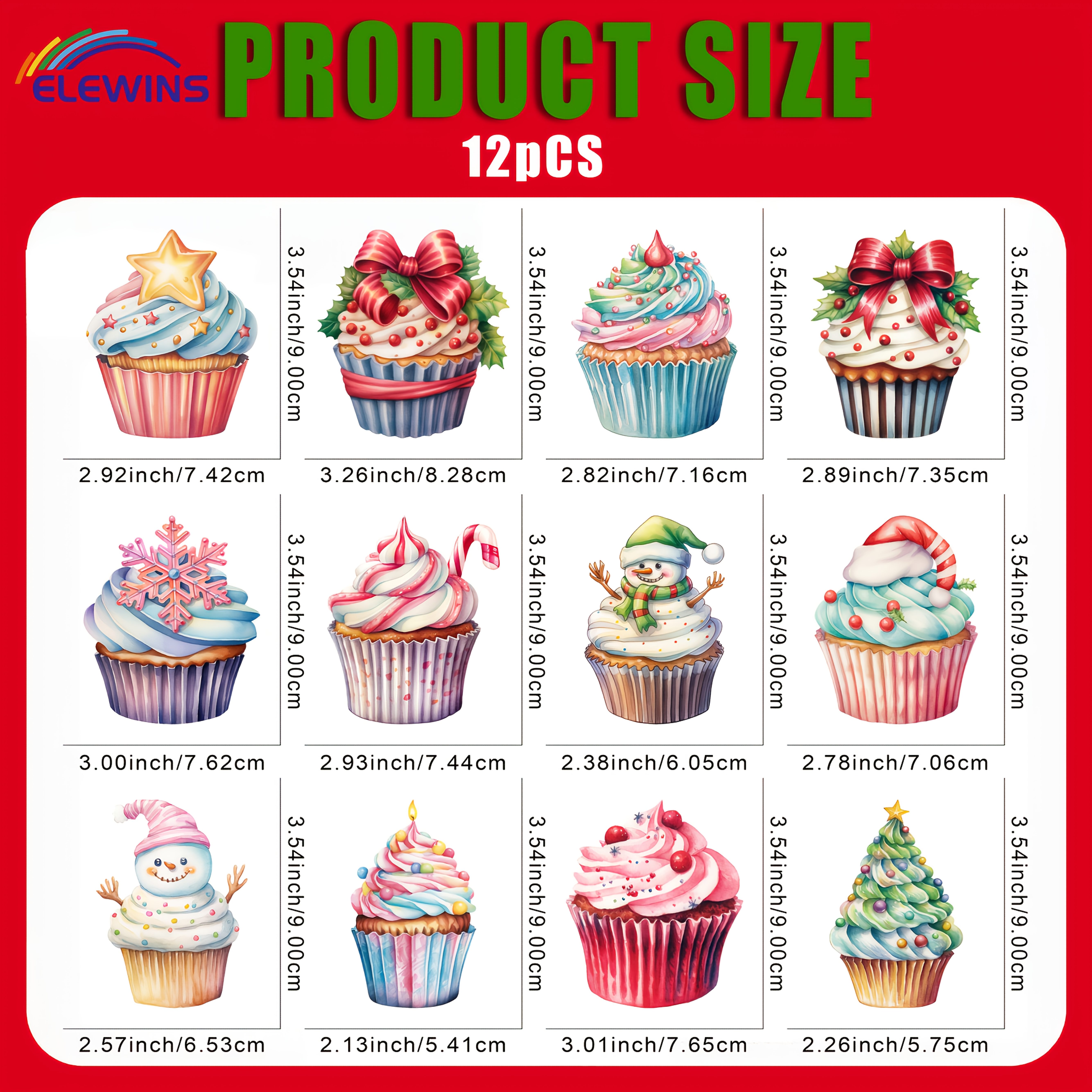 TEMU 12pcs Cute Cupcake Christmas Iron On Transfers For T-shirts Chest Iron On Decals Heat Transfer Sticker For Clothes Diy Decorations Dtf Transfers