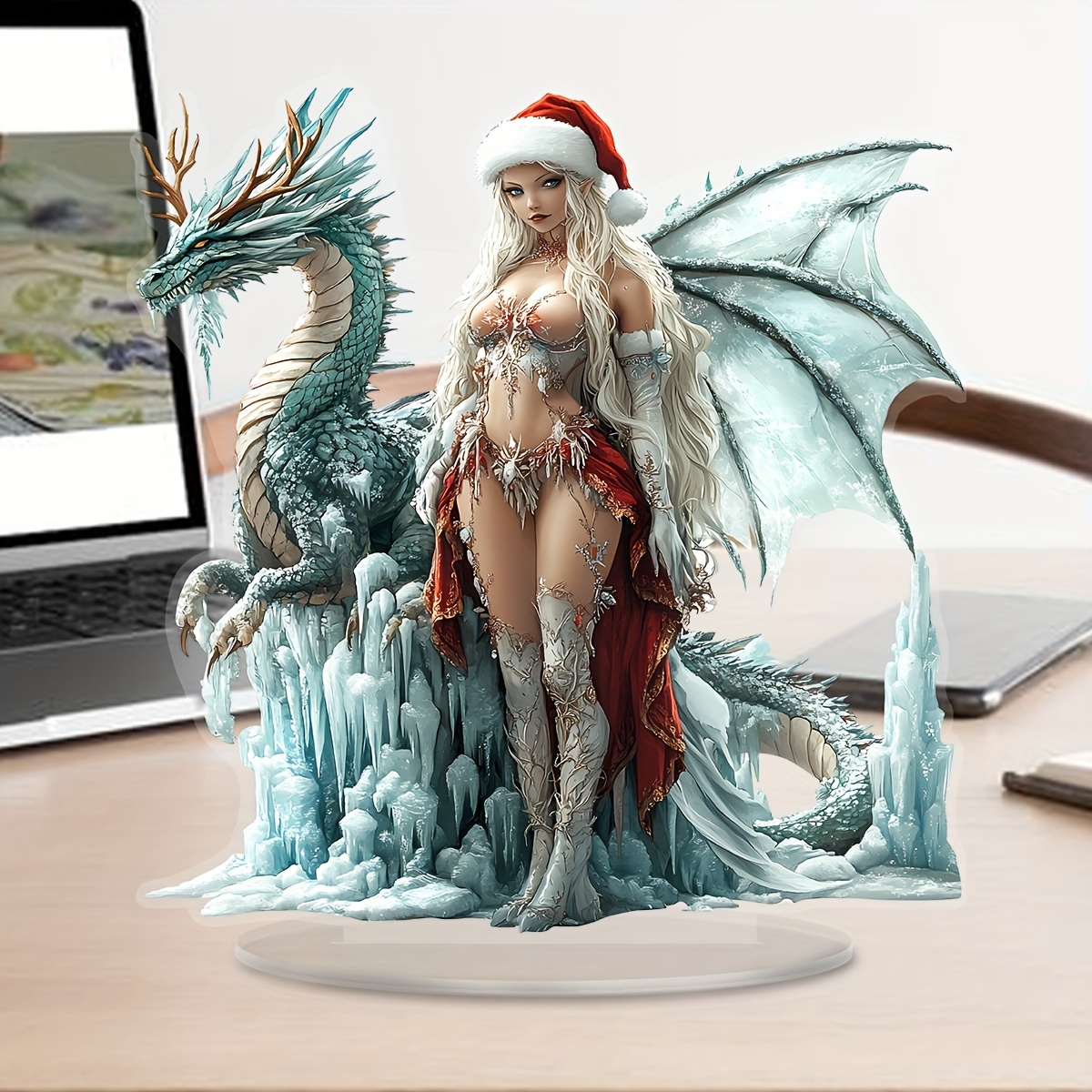 

1pc, Acrylic Figurine Desk Sign, Bohemian Style, Anime-inspired, Ice Elf And Blue Dragon, Multi-use Christmas Gift Plaque, Home & Office Decor, Indoor Use, No Power Required